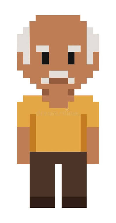 Pixel art of Monty, an elderly man with a white mustache and a yellow shirt.